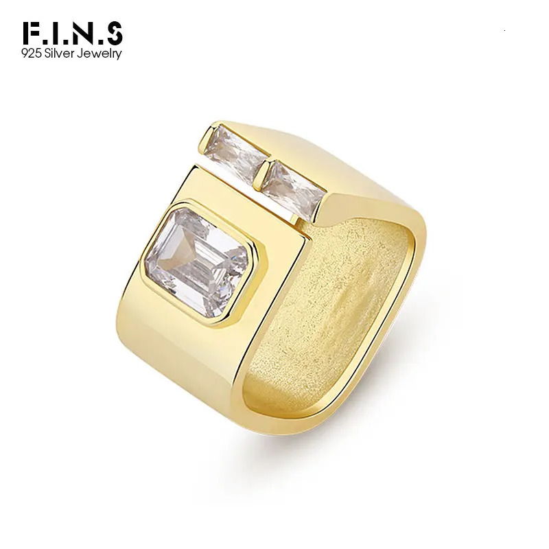 FINS 925 Sterling Silver Gold Clear Zircon Sqare Ring Punk Crystal Wide Open Finger Men Fine Jewelry 231220