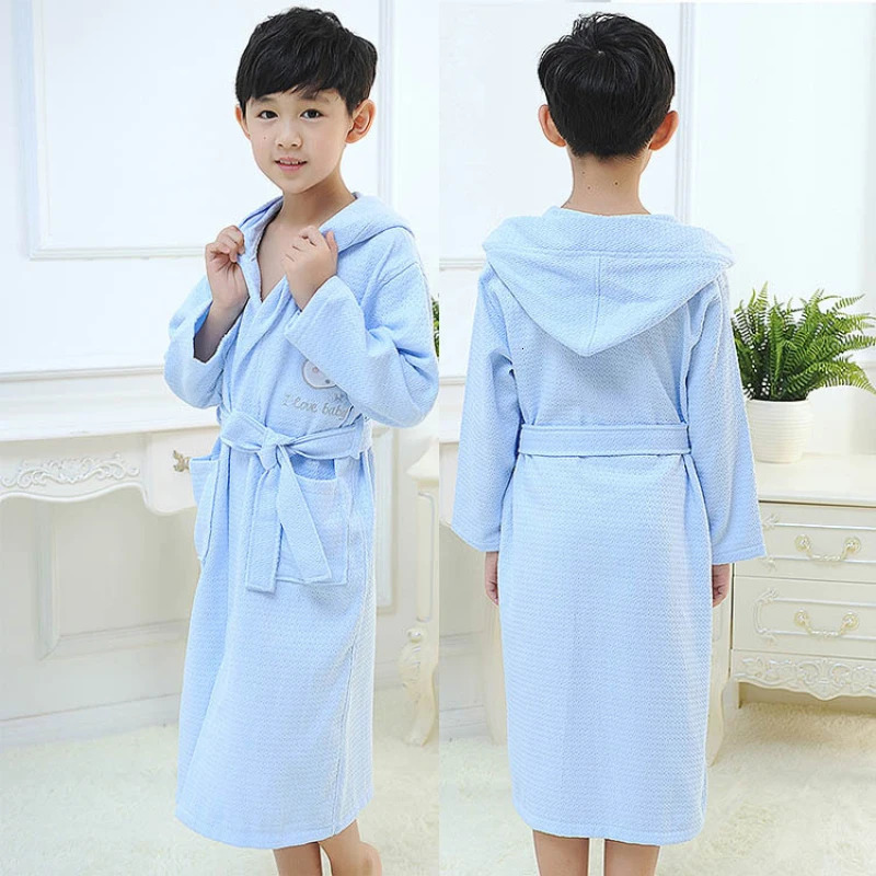 Wholesale Blue Pink White Long Sleeve Waffle Bath Robe Sleepwear Kids Children Hooded Bathrobe Summer Children Bathrobe L287 231221