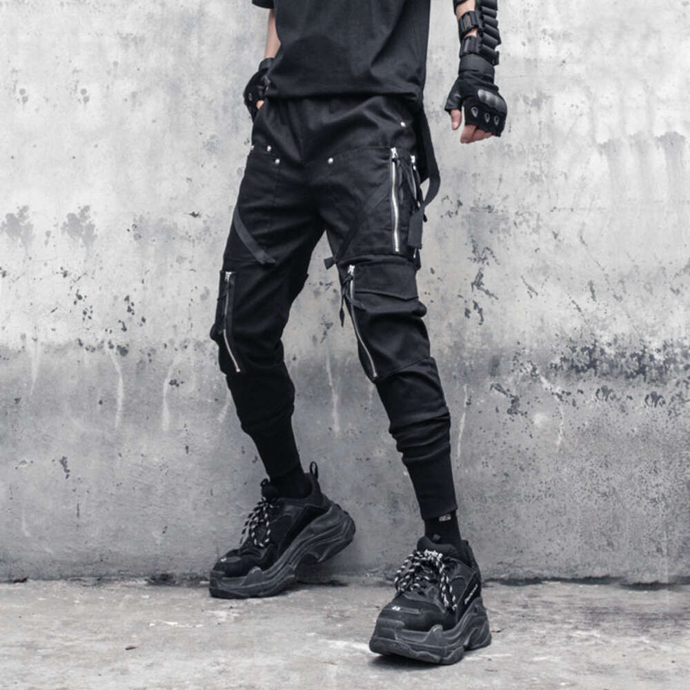 Men Tactical Functional Cargo Pants Joggers Zipper Multi-pocket Trousers 2023 Spring Hip Hop Streetwear Harem Pant Black