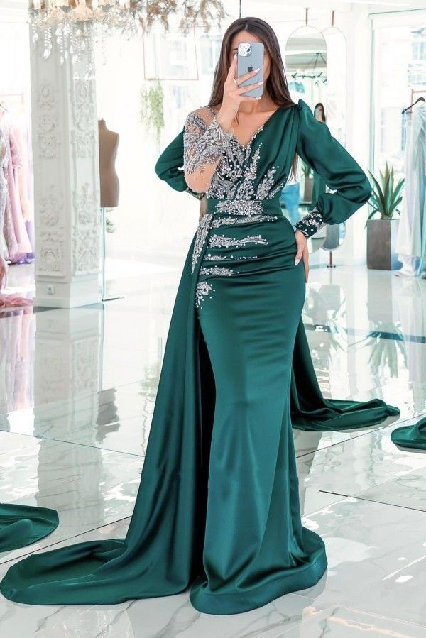 Beautiful Dark Green Mermaid Evening Vintage Sheer Sleeve Pleats Ruffles Satin Long Formal Party Prom Dresses With Appliques Beads B0313