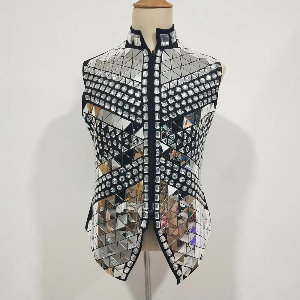 Sparkly Rhinestones Mirror Waistcoat Bar Nightclub Male Singer Stage Crystal Sequins Vest Performance Clothes Drum Dance Coat