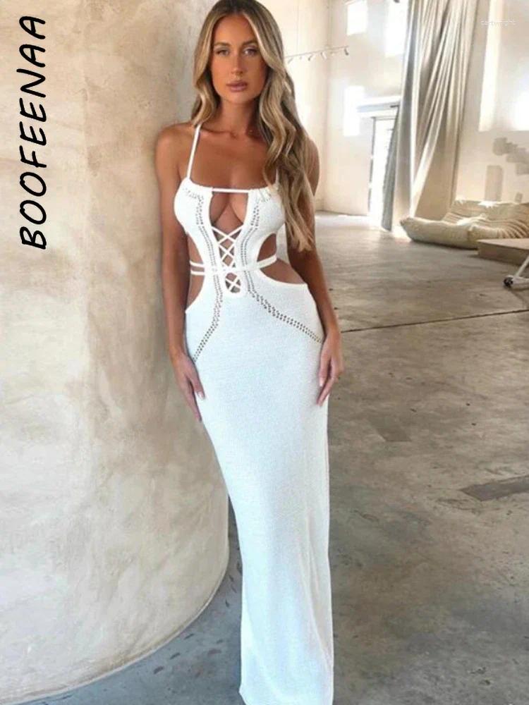 Casual Dresses BOOFEENAA Hollow Knit Halter Backless Maxi Dress Elegant Sexy Crochet Beach Party For Women Resort Wear C0-EC31