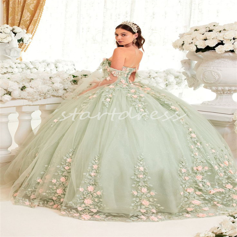 Sage Green Quinceanera Dresses With Pink Florals Elegant Off Shoulders Ball Gown Corset Lace Vestido De 15 Anos Fifteen 16 quinceanera dresses 2024 Si