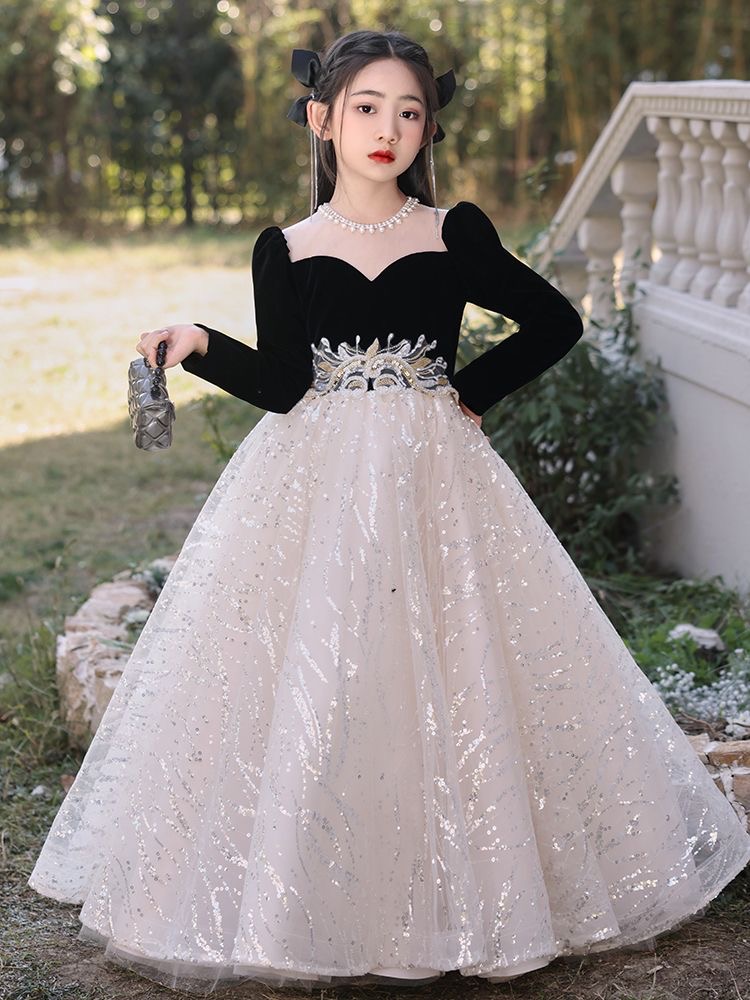 New Shiny Dresses Champagne Black Veet Lace Kids Flower Girl Dress For Wedding Long Sleeve Tulle Princess Party Pageant Girls Holy First Communion Gow