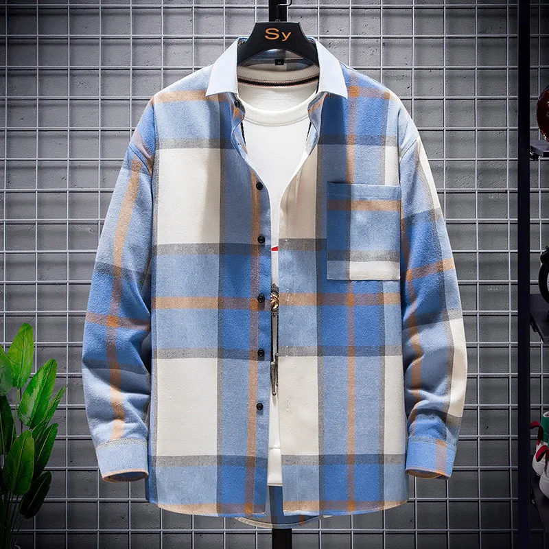 Fashion Mens Plaid Shirts Sanding Long Sleeve Lapel Casual Loose Top Spring Autumn Trend Clothing For Men Streetwear Plus Size 231221