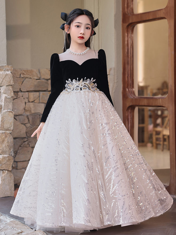 New Shiny Dresses Champagne Black Veet Lace Kids Flower Girl Dress For Wedding Long Sleeve Tulle Princess Party Pageant Girls Holy First Communion Gow