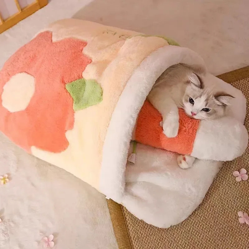 Japanese Sakura Warm Bed Cat Sleeping Bag Deep Sleep Winter Dog House Cats Nest Cushion With Pillow Removable Pet Products 231221