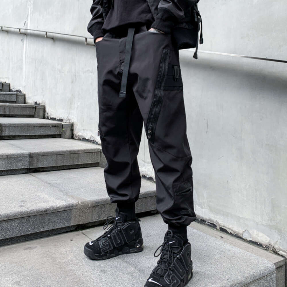 Unisex Functional Multi-pocket Cargo Pants Elastic Waist Overalls Men's Clothing Haruku Hiphop Streetwear Ribbon Leggings