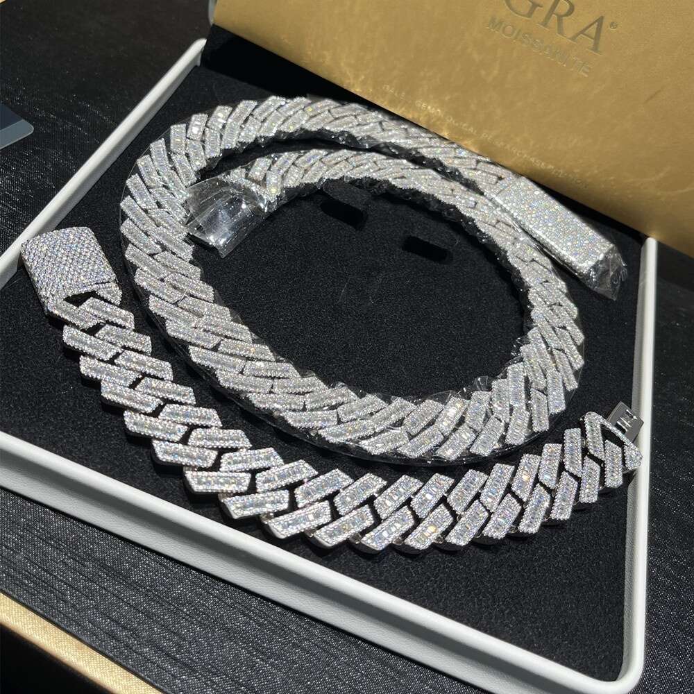 15mm 20mm 925 Sterling Silver Hip Hop Ice Out Baguette Vvs Moissanite Chain Cuban
