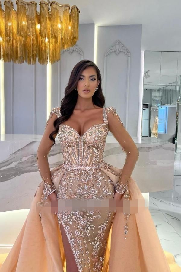 Elegant Champagne Long Mermaid Prom Dresses With Detachable Overskirt Off Shoulder Sweetheart Tulle Lace Appliques Beads Formal Evening Gowns with Sli