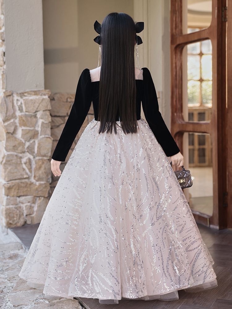 New Shiny Dresses Champagne Black Veet Lace Kids Flower Girl Dress For Wedding Long Sleeve Tulle Princess Party Pageant Girls Holy First Communion Gow