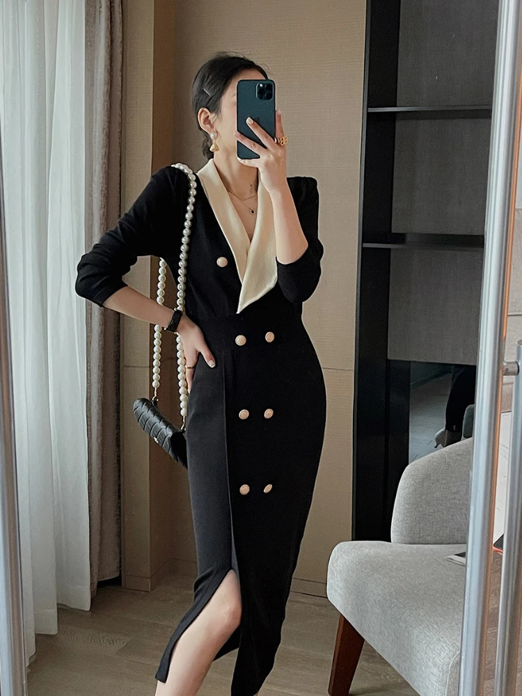 Vintage Korean Chic Streetwear Knitting Midi Long Dress Elegant Sleeve Vneck Casual Japanese Traf Dresse Y2K Autumn 231220