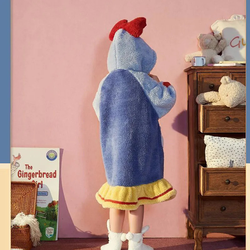 Kids Hooded Robe for Girls Winter Princess Child Thick Keep Warm Long Nightgown Front Button Coral Fleece Soft Bathrobe 231221