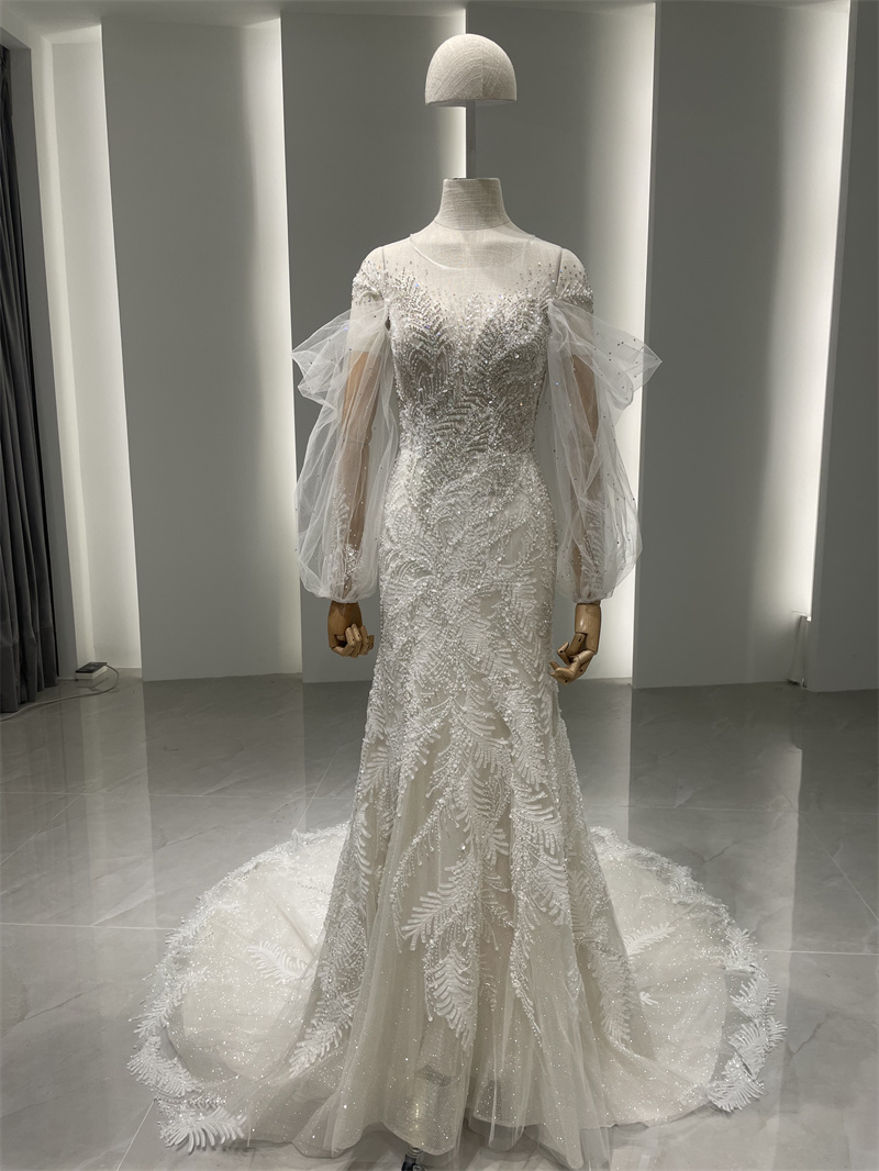 Elegant High Quality Tulle & Beading Mermaid Gown Long Sleeve With Puffy Sleeve Wedding Dress