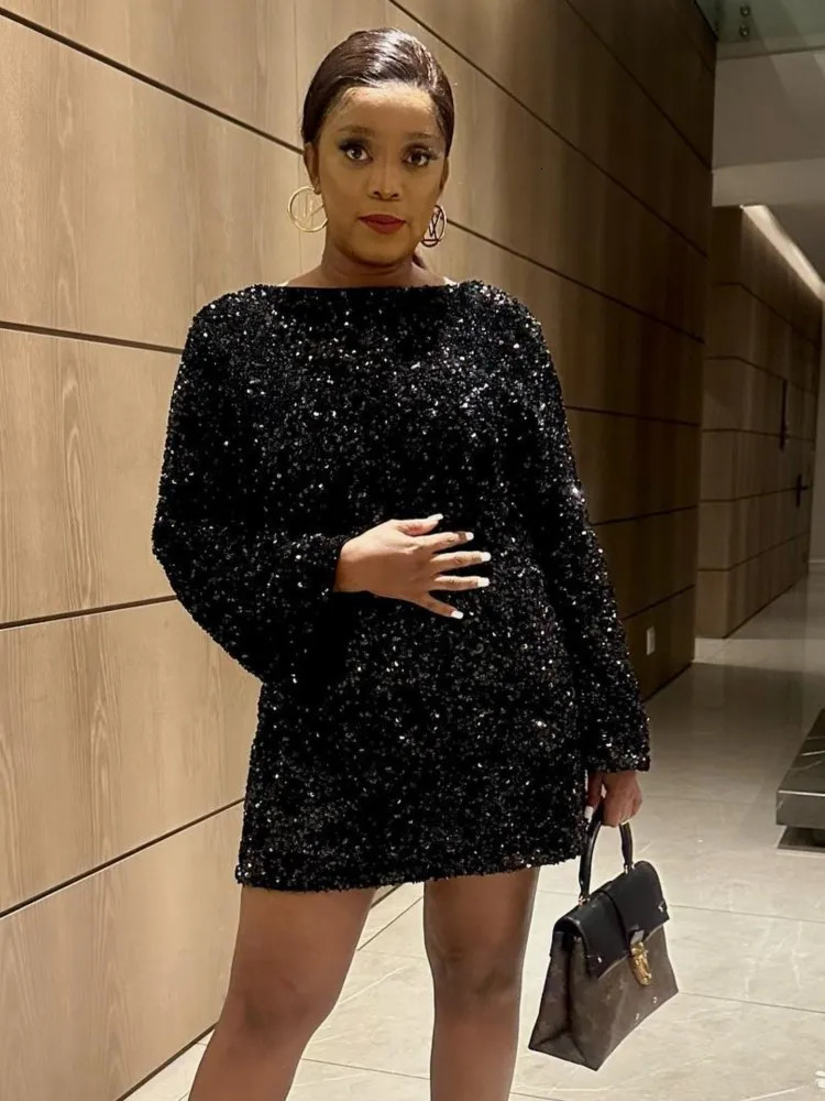 Sexy Sequined Bowknot Tieback Mini Dres Elegant Oneck Long Sleeve Skirt Female Fashion High Waist Bodycon Party Skirts 231220