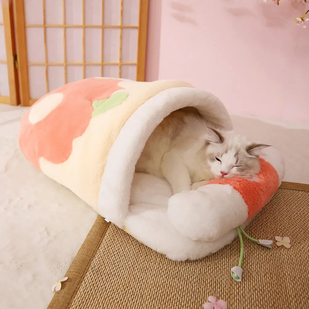 Japanese Sakura Warm Bed Cat Sleeping Bag Deep Sleep Winter Dog House Cats Nest Cushion With Pillow Removable Pet Products 231221