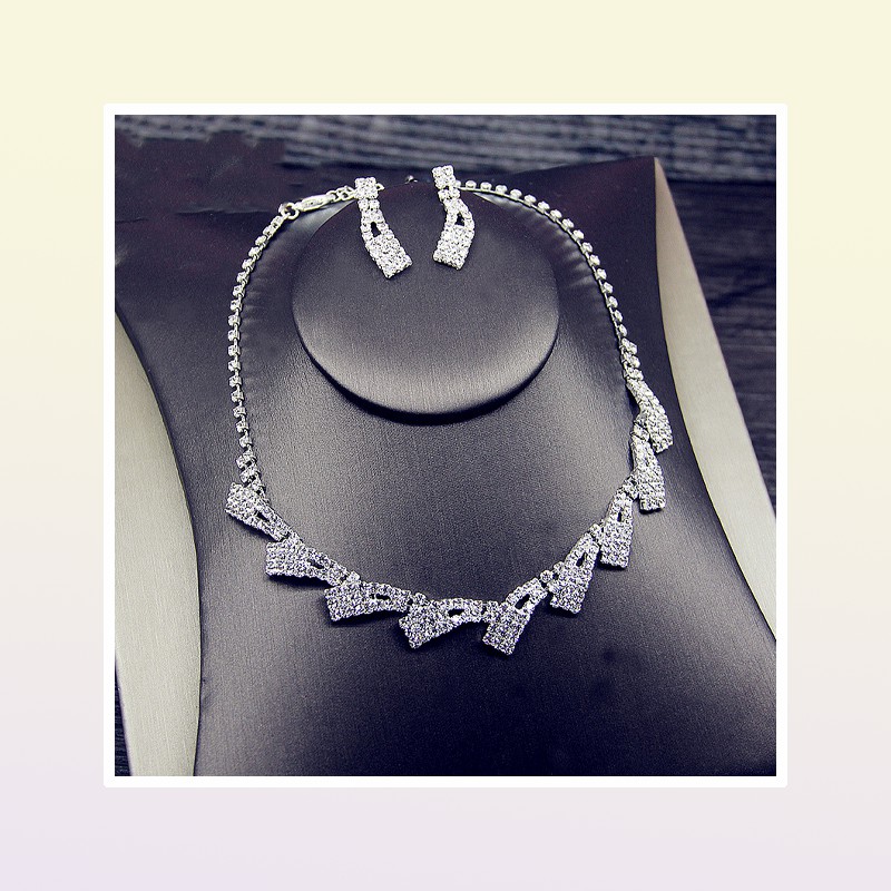 Korean Bridal Wedding Accessories Jewelry Simple Silverplated Rhinestone Necklace Earrings Combination Set Chain 2 Pieces