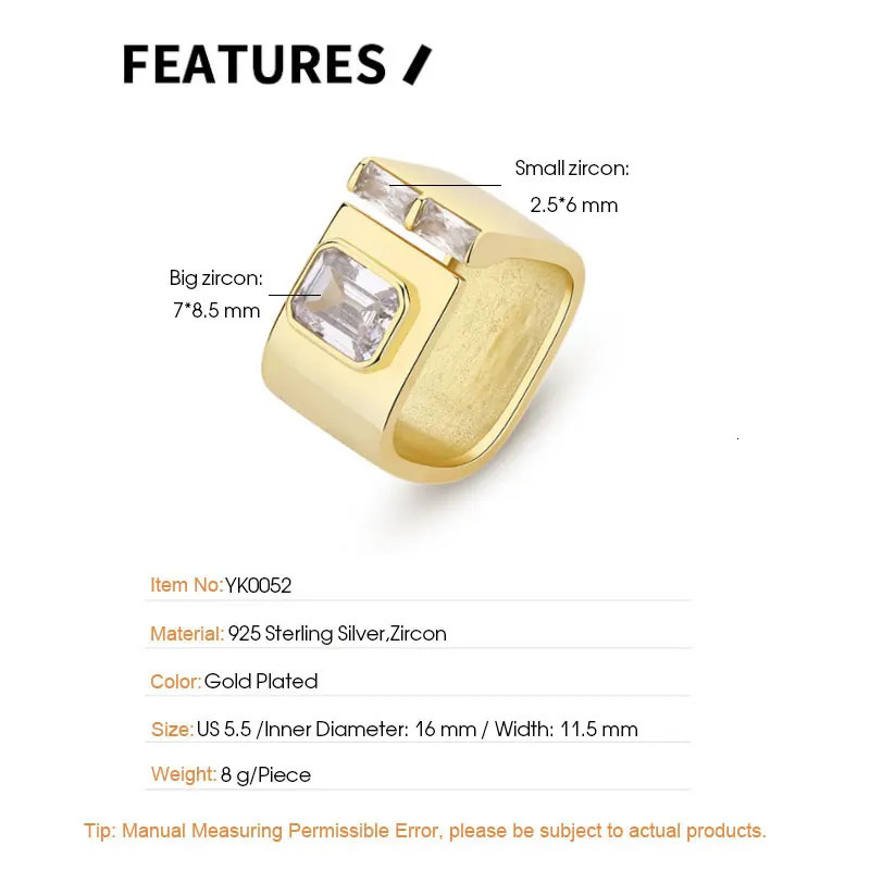 FINS 925 Sterling Silver Gold Clear Zircon Sqare Ring Punk Crystal Wide Open Finger Men Fine Jewelry 231220