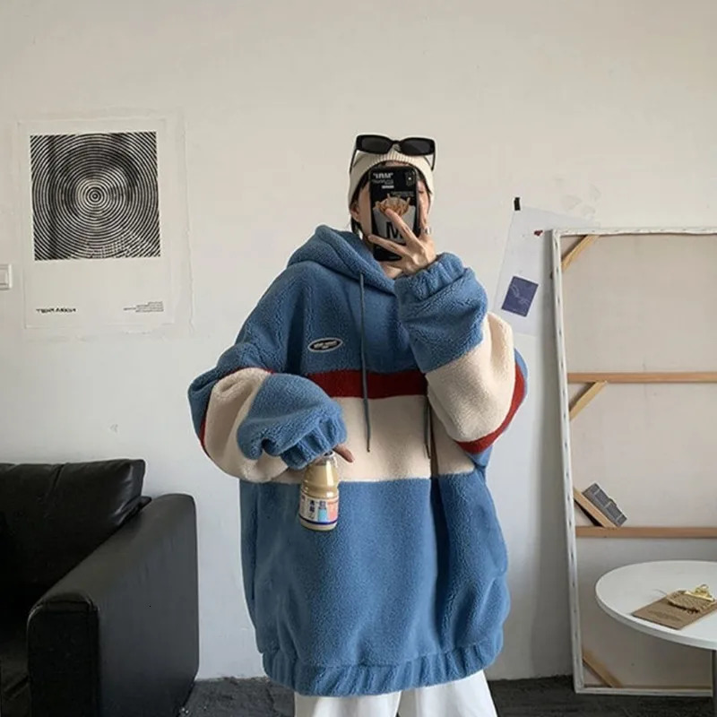 Japan Korea Style Fashion Fleece Hoodies Men Patchwork Stripe Hooded Sweatshirts Male Loose Coats Student Casual Tops Pullover 231220