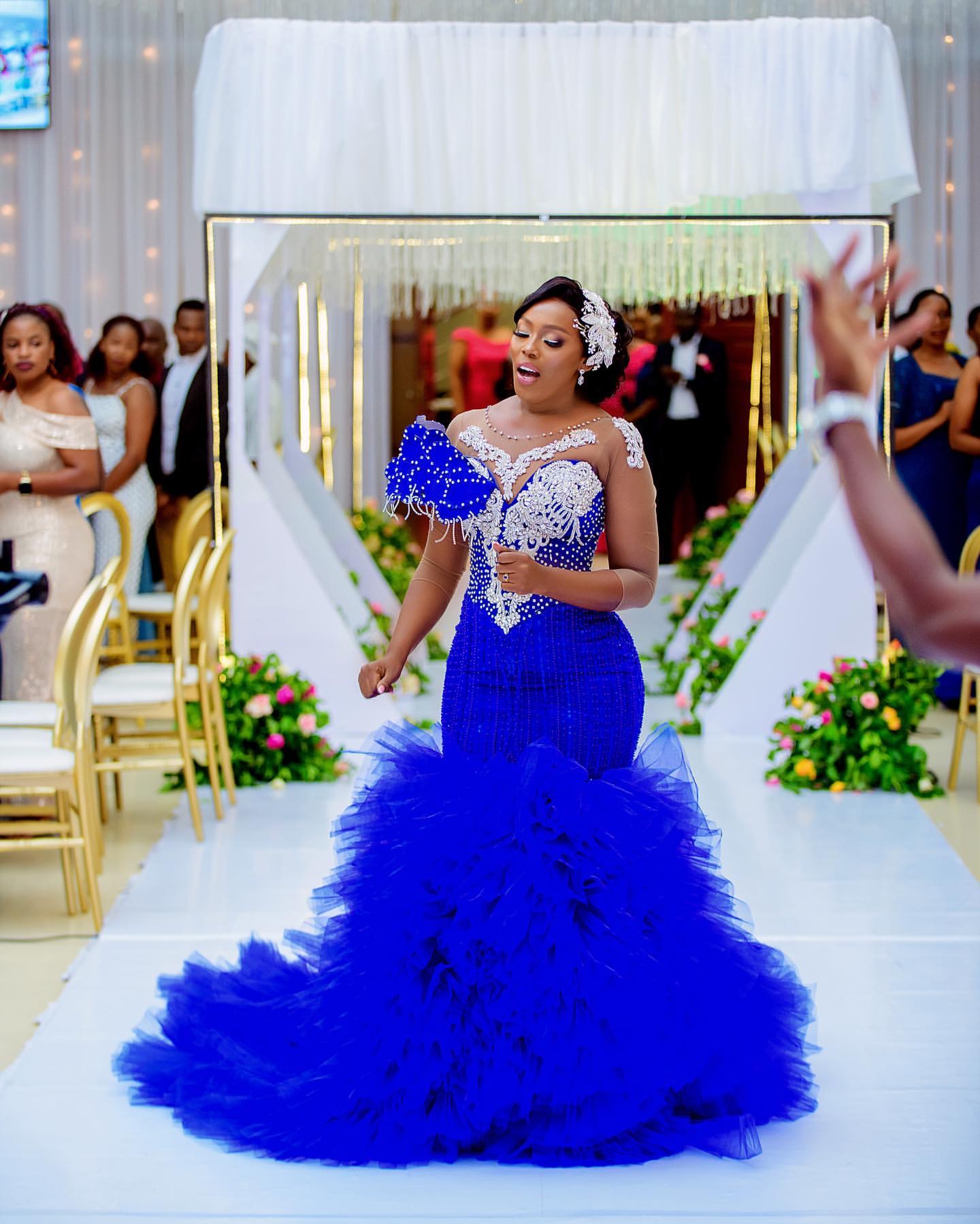 Ebi Royal Blue Aso Mermaid Prom Dress Beaded Crystals Tiers Evening Formal Party Second Reception Birthday Engagement Gowns Dresses Robe De Soiree Zj 