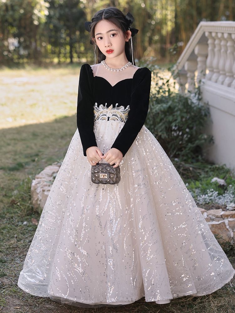 New Shiny Dresses Champagne Black Veet Lace Kids Flower Girl Dress For Wedding Long Sleeve Tulle Princess Party Pageant Girls Holy First Communion Gow