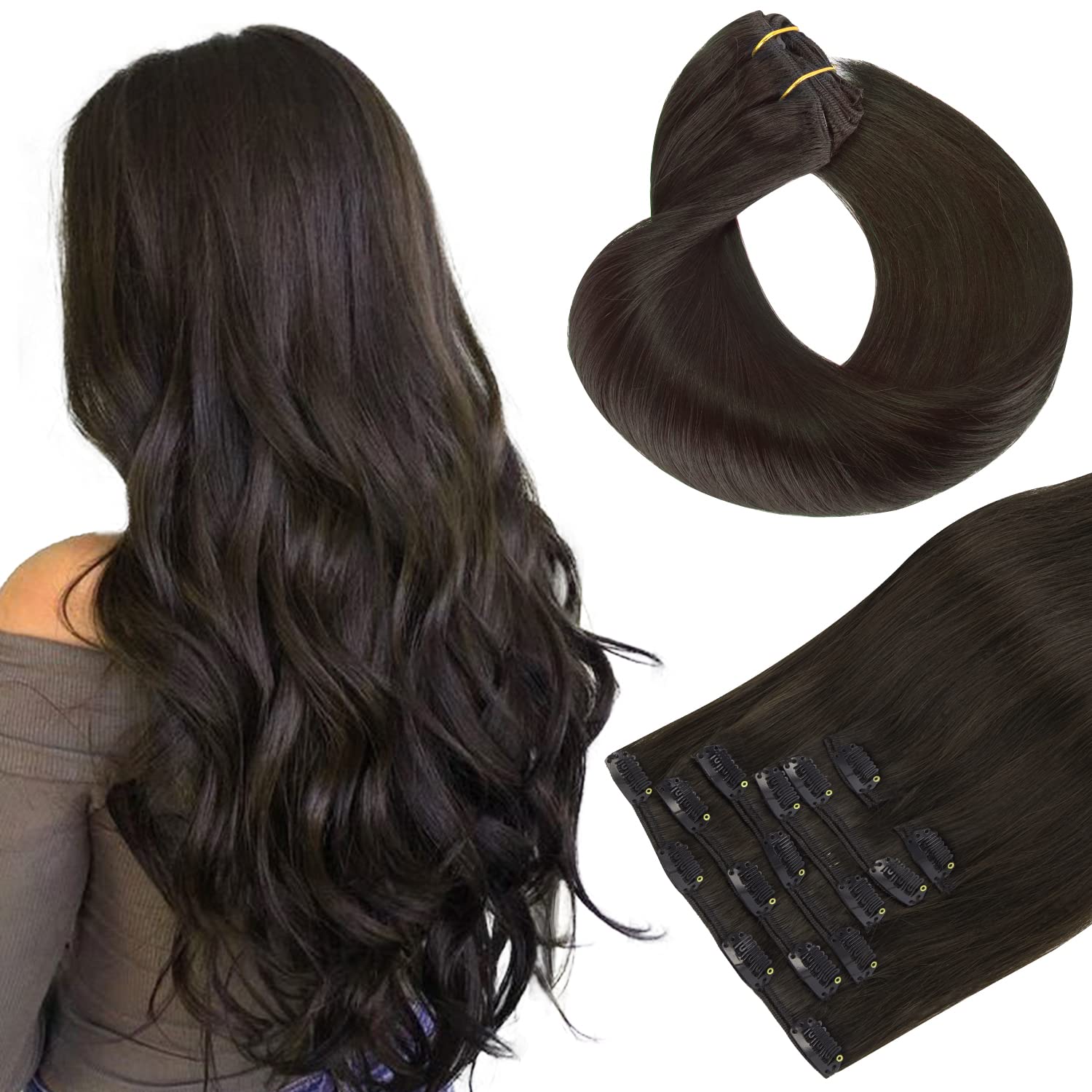Clip in Hair Extensions Real Human Hair Dark Brown #2 Double Weft Double Weft Clip on ins Extension 120g