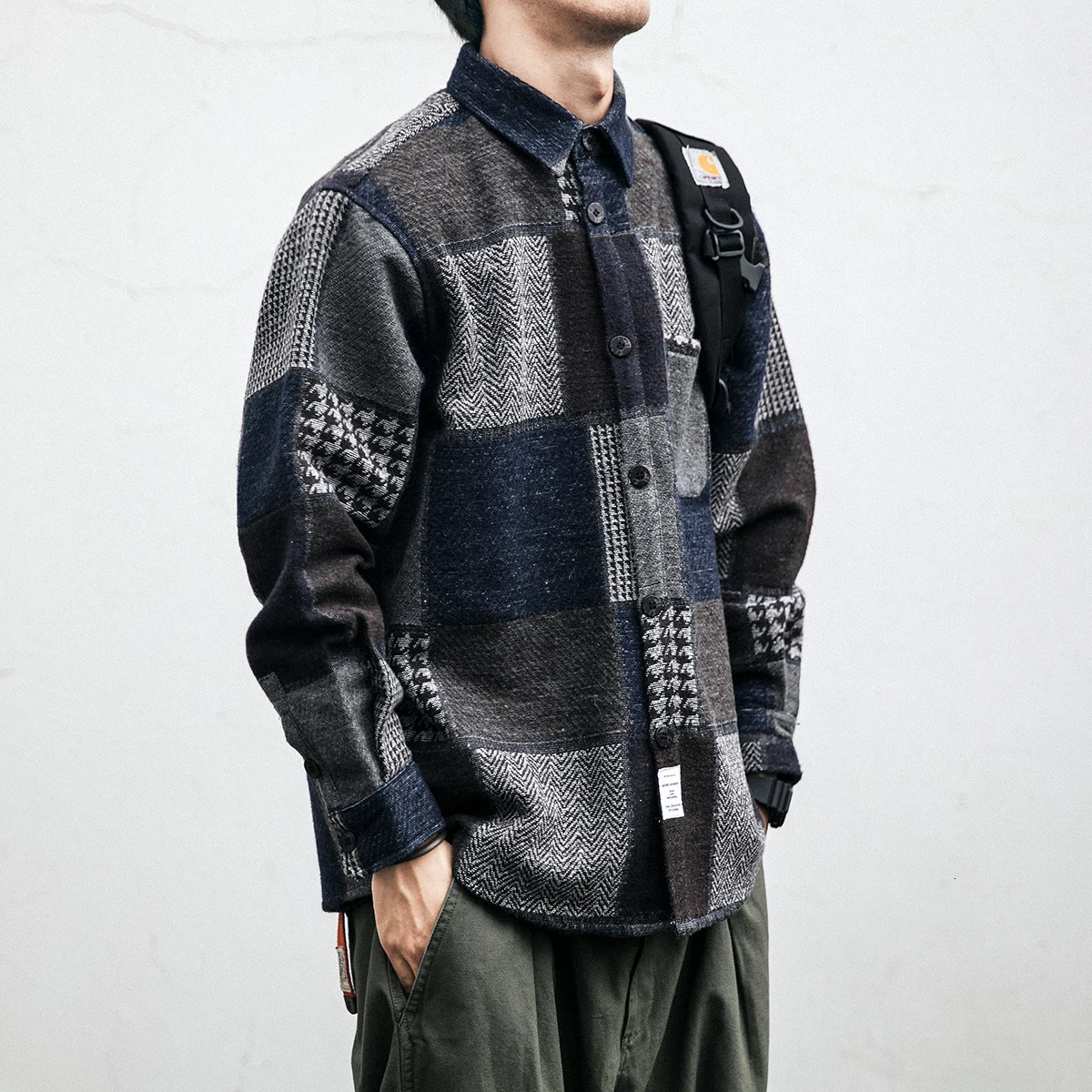Autumn Winter Japanese Streetwear Retro Stitching Plaid Shirt Fashion Harajuku Thick Casual Woolen Coat Men Kpop Korean Clothes 231221