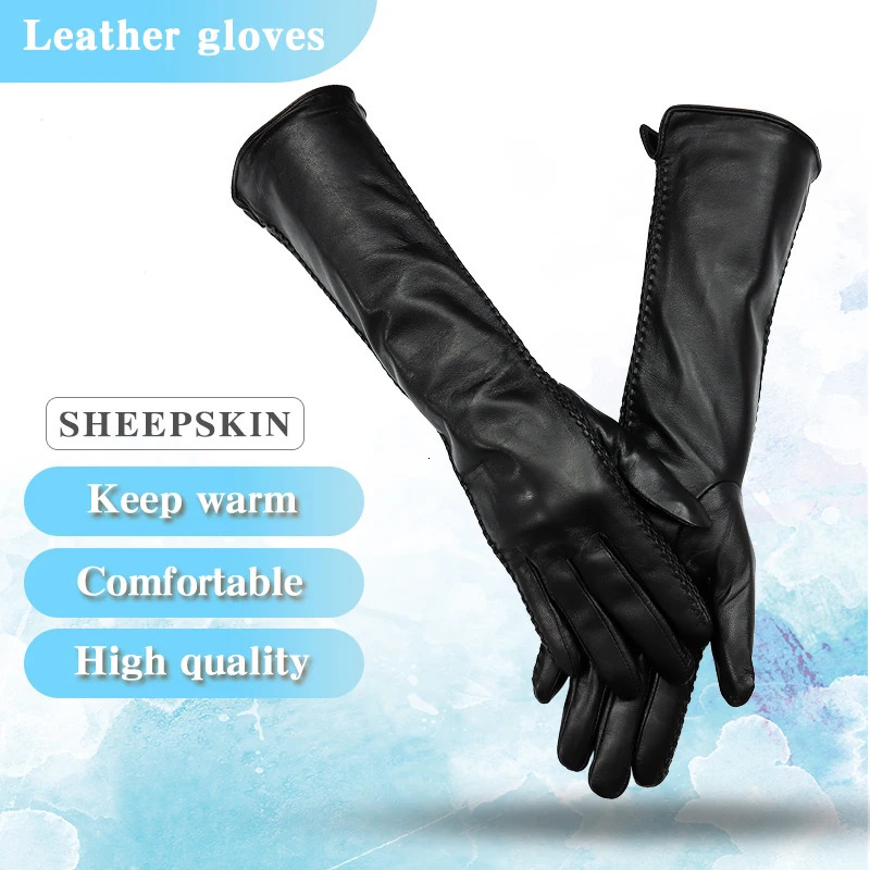 Winter Women Fashion Sheepskin Arm Sleeve Outdoor Warmth Fluff Lining Genuine Leather Mittens Female Long Style Elbow Gloves 231220