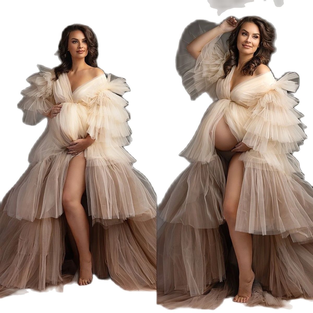 Maternity Tulle Dress Robe Dressing Gown Off Shoulder Puffy Robe Sheer For Baby Shower Photoshoot Photography