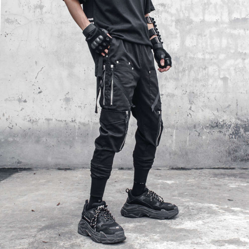 Men Tactical Functional Cargo Pants Joggers Zipper Multi-pocket Trousers 2023 Spring Hip Hop Streetwear Harem Pant Black