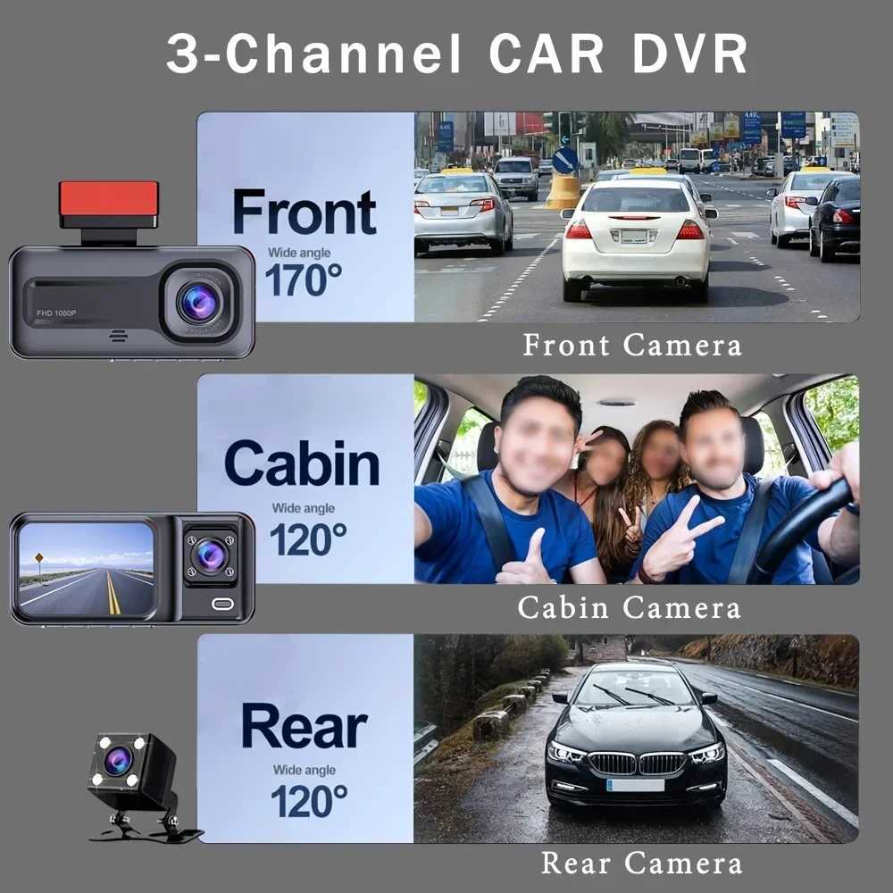 Car dvr Dash Cam Front And Rear and Inside 1080P HD 3 Way Dash Cam 3 Cameras Vidoe Recorder Black Box with 3 Cameras R250529