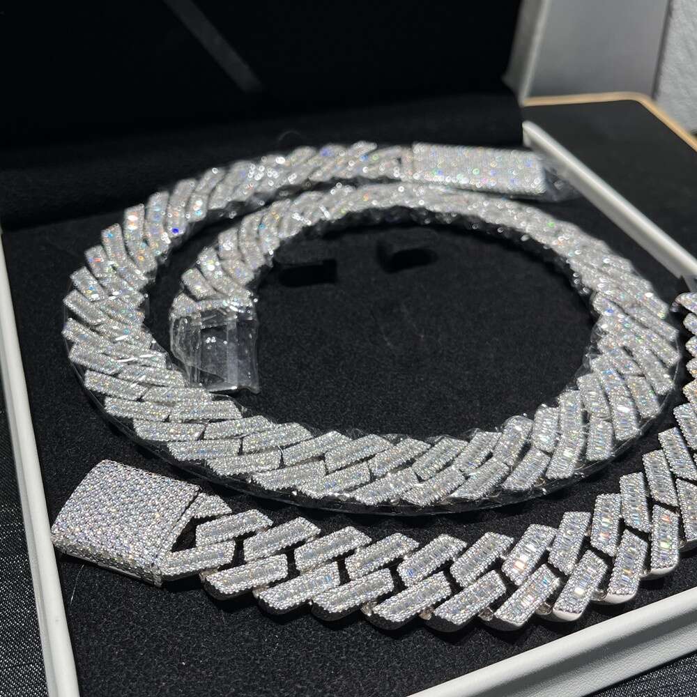 15mm 20mm 925 Sterling Silver Hip Hop Ice Out Baguette Vvs Moissanite Chain Cuban