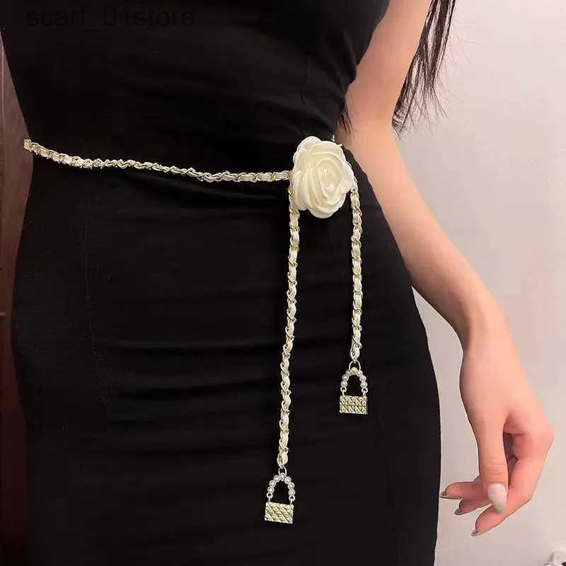 Waist Chain Belts 2023 Ladies Fashion Metal Waist Chain Flowers Camellia Woman Thin Waist Chain Dress Pants Decoration Belts for Women LuxuryL231221