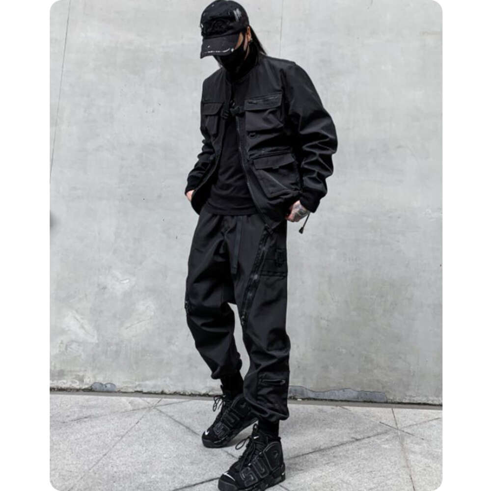 Unisex Functional Multi-pocket Cargo Pants Elastic Waist Overalls Men's Clothing Haruku Hiphop Streetwear Ribbon Leggings