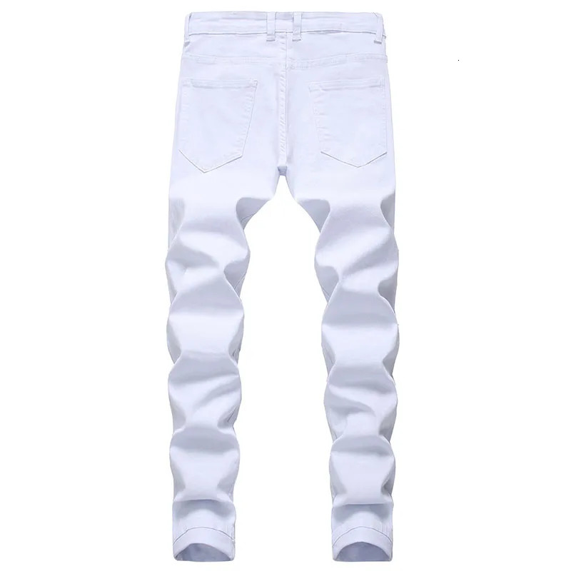 Men's White Jeans Fashion Hip Hop Ripped Skinny Men Denim Trousers Slim Fit Stretch Distressed Zip Jean Pants High Quality 231220