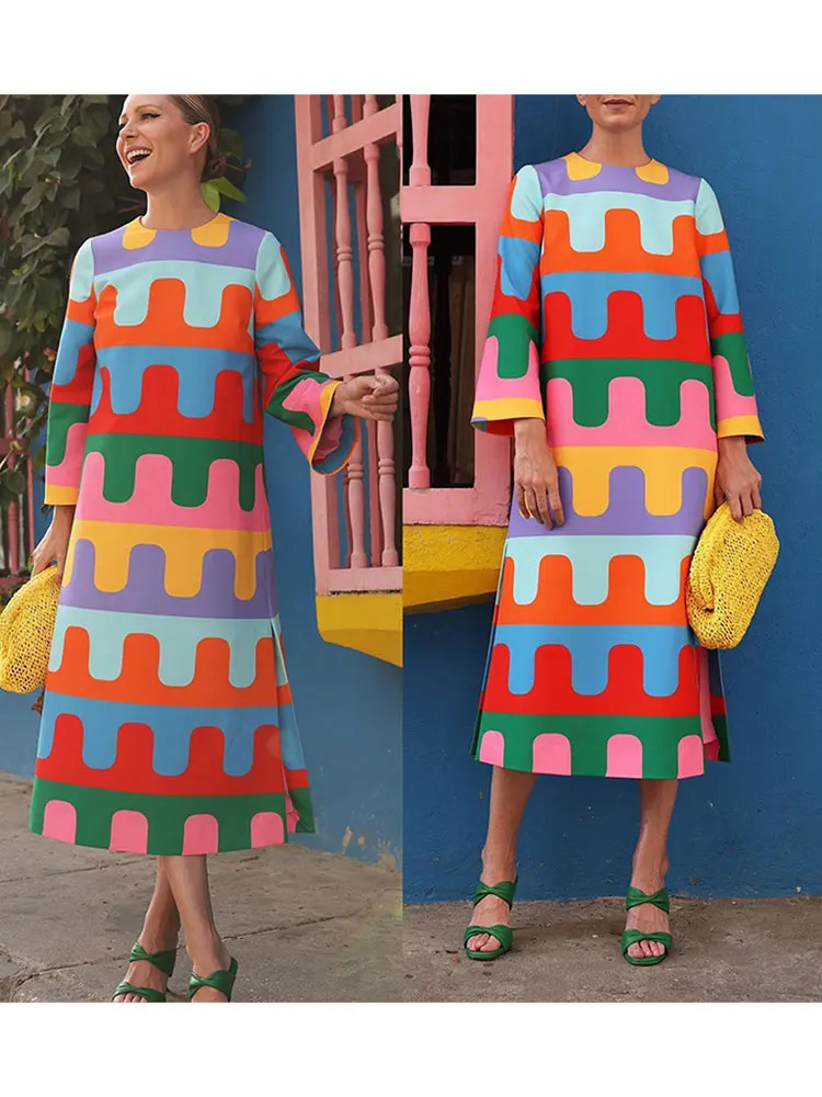 Elegant Rainbow Printed Women's Split Midi Dress Fashion O Neck Long Sleeved Robe 2023 Autumn Female Causal Loose Vestidos 231220