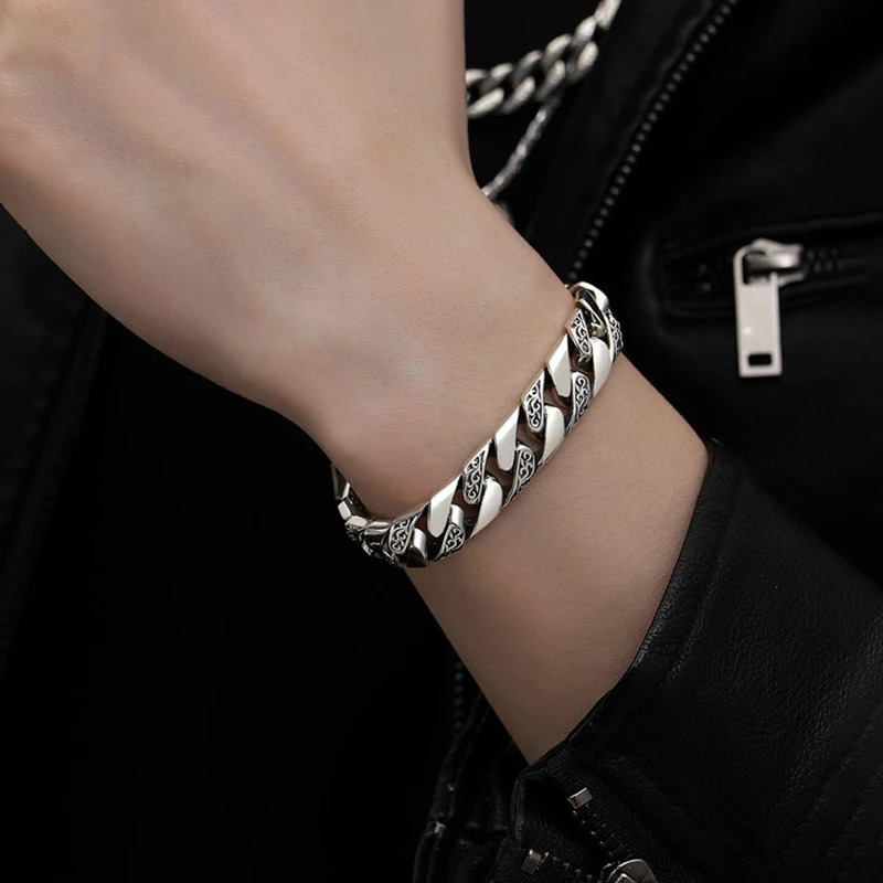Retro Domineering S925 Silver Bracelet Men Tang Grass Pattern Exquisite Chain Male Party Birthday Hegemony Fashion Jewelry Gift 231221