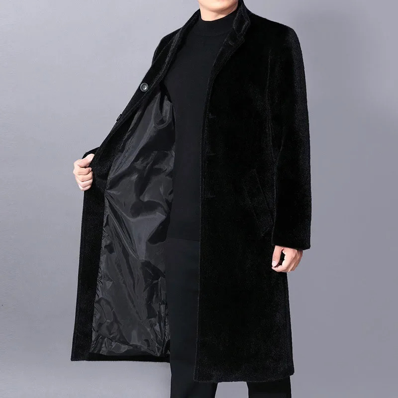 Men's artificial mink long jacket winter warm ultrathin trench single chest business and leisure park 231220