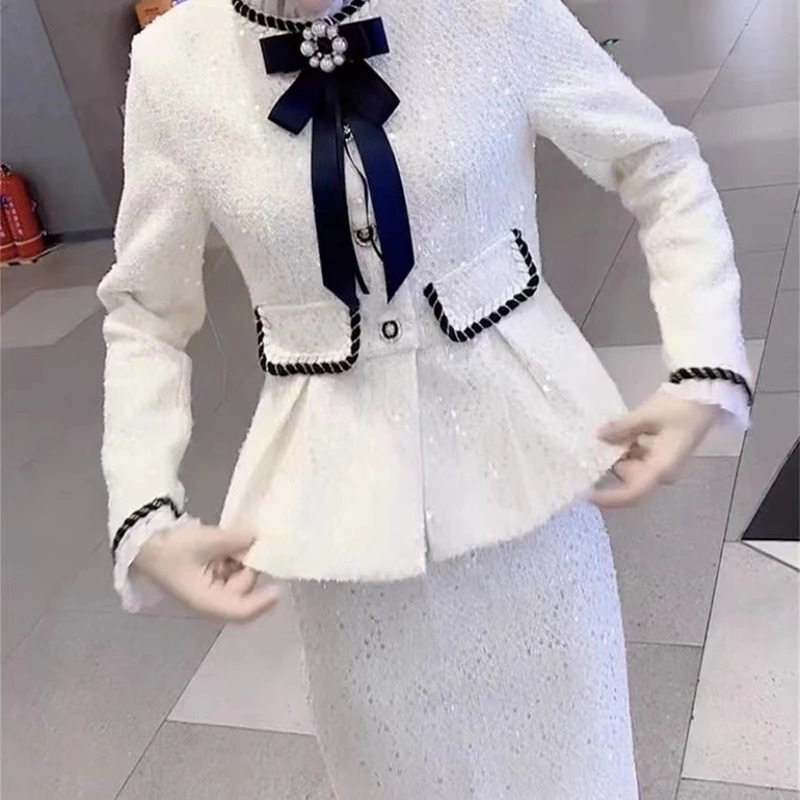 Two Piece Dress 2024 Vintage Small Fragrance Tweed Two Piece Set Women Crop Top Woolen Short Jacket Coat Mini Skirts Sets Sweet 2 Piece Suit 231218