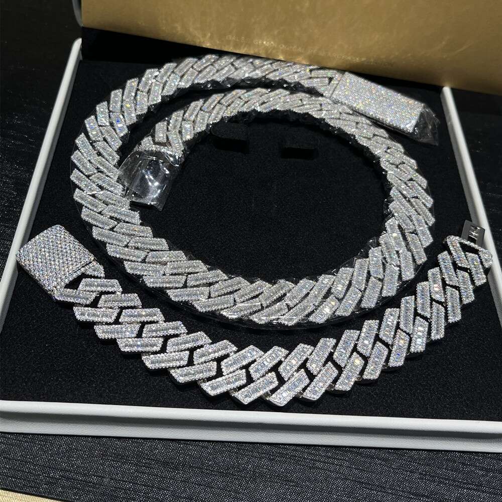 15mm 20mm 925 Sterling Silver Hip Hop Ice Out Baguette Vvs Moissanite Chain Cuban