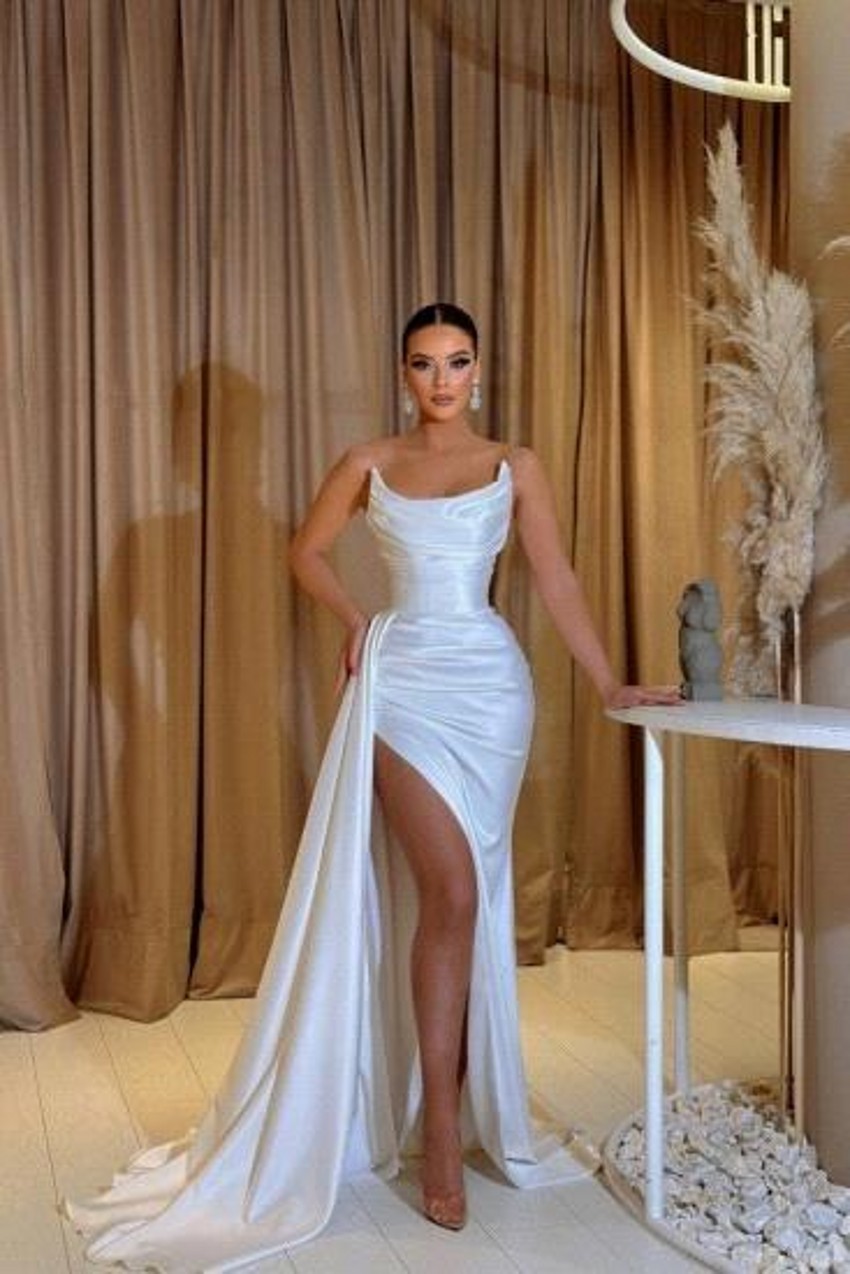 Stylish High Thigh Split Mermaid Prom Dresses New Sexy Sweetheart Backless Pleats Long Satin Evening Gowns Women Formal Occasion Vestidos BC16882