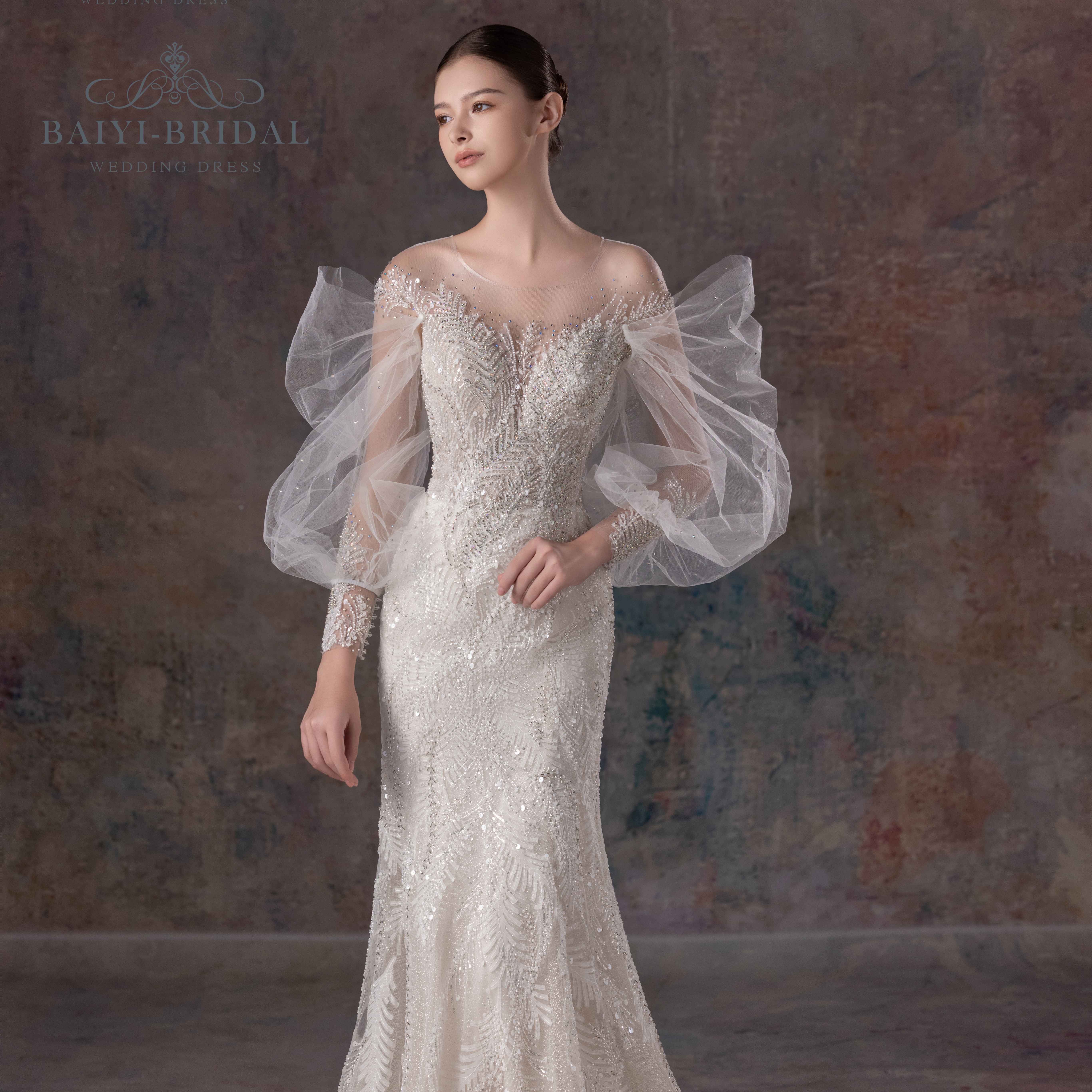 Elegant High Quality Tulle & Beading Mermaid Gown Long Sleeve With Puffy Sleeve Wedding Dress