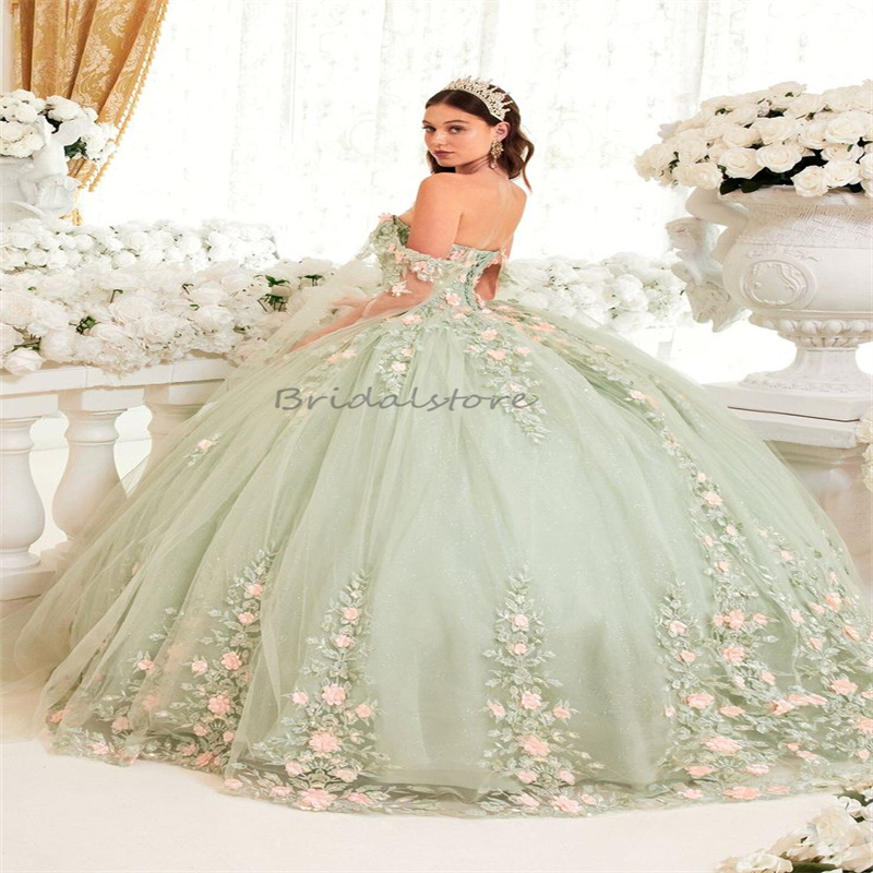 Sage Green Quinceanera Dresses With Pink Florals Elegant Off Shoulders Ball Gown Corset Lace Vestido De 15 Anos Fifteen 16 quinceanera dresses 2024 Si