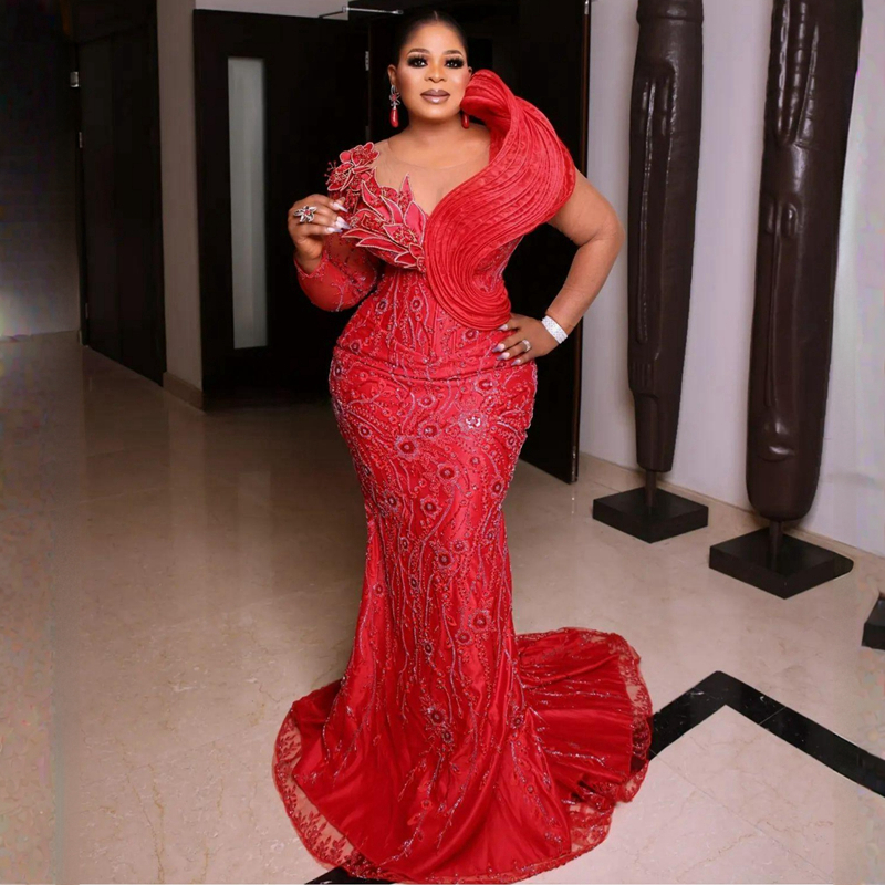 African Arabic Plus Size Aso Ebi Prom Dresses Mermaid Red Evening Formal Dress For Special Ocns Black Women Promdress Lace Beaded Birthday Party Gowns