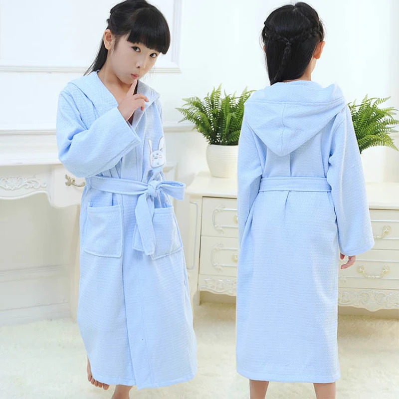 Wholesale Blue Pink White Long Sleeve Waffle Bath Robe Sleepwear Kids Children Hooded Bathrobe Summer Children Bathrobe L287 231221