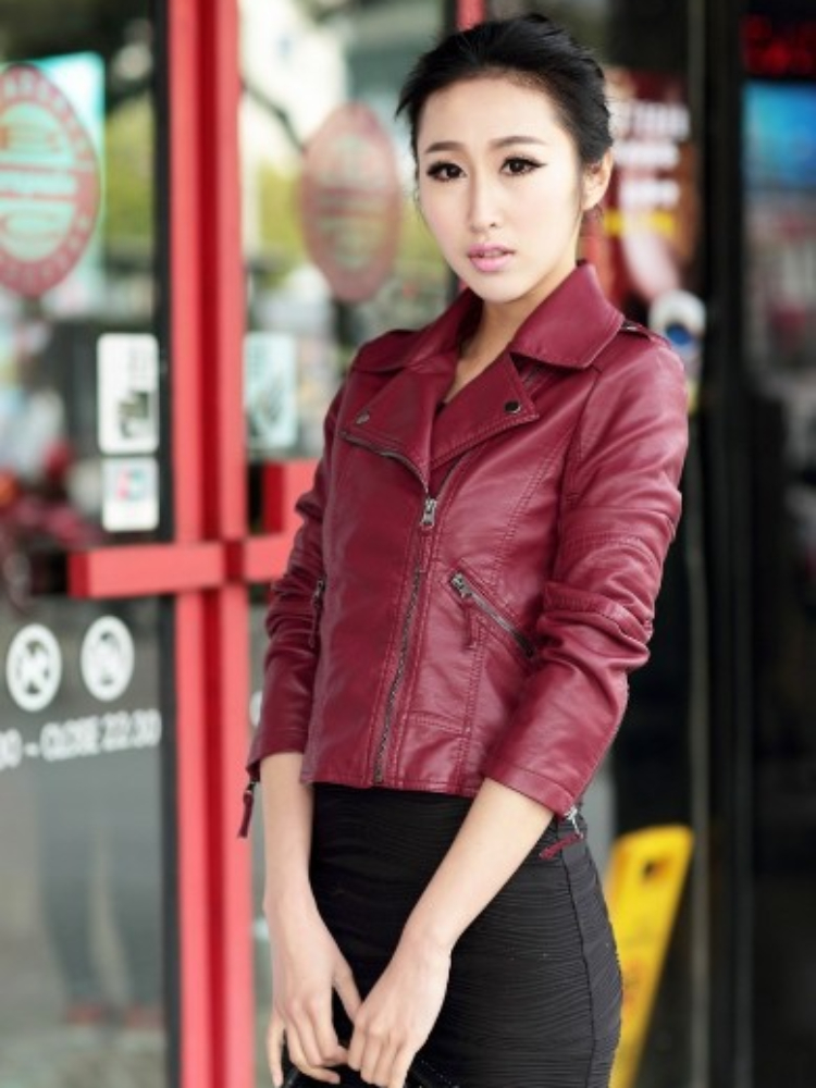 OC NF45E01 Women's Faux Leather Coats Spring and Autumn Short Style Slim Fit Jacket Motorcycle Leather Jacket Large Size