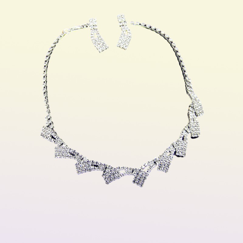 Korean Bridal Wedding Accessories Jewelry Simple Silverplated Rhinestone Necklace Earrings Combination Set Chain 2 Pieces