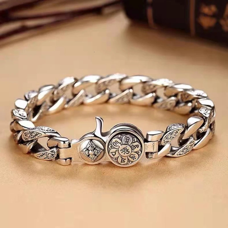 925 Sterling Silver Bracelet Six Word Truth Rotatable Wide Version Mans Aggressive Atmosphere Retro Personality Hand Jewelry 231221 Z250910