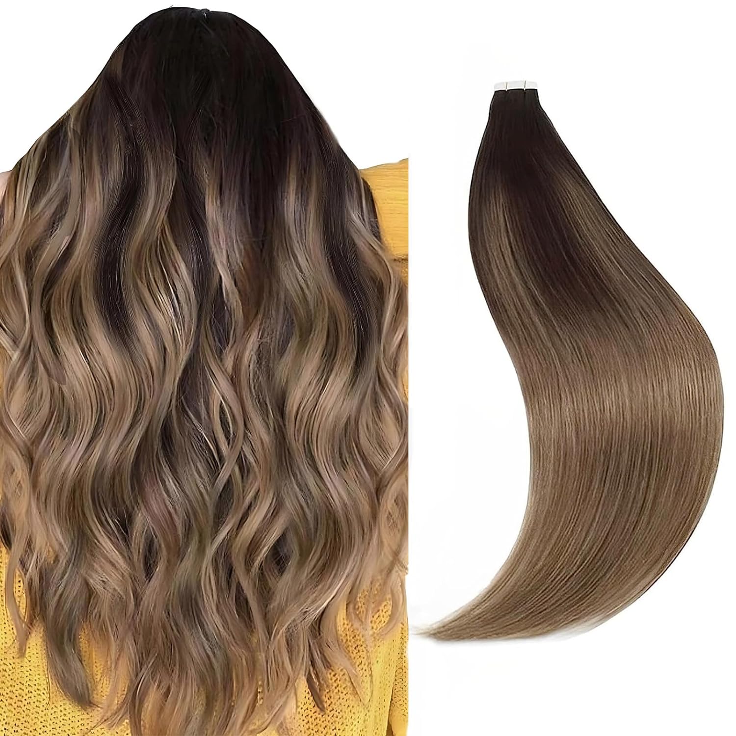 Balayage In Brown Fading To Ash Blonde 22 Inch Double Sided Tape Skin Weft Remy Human Hair Extensions 100G/40Pcs