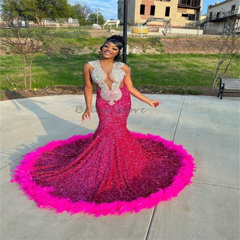 Fuchsia Sequin Prom Dress For Black Women Sparkly Crystal Mermaid Evening Dress For Special Occasion Luxury Plus Size Feather Formal Dress Birthday Pa